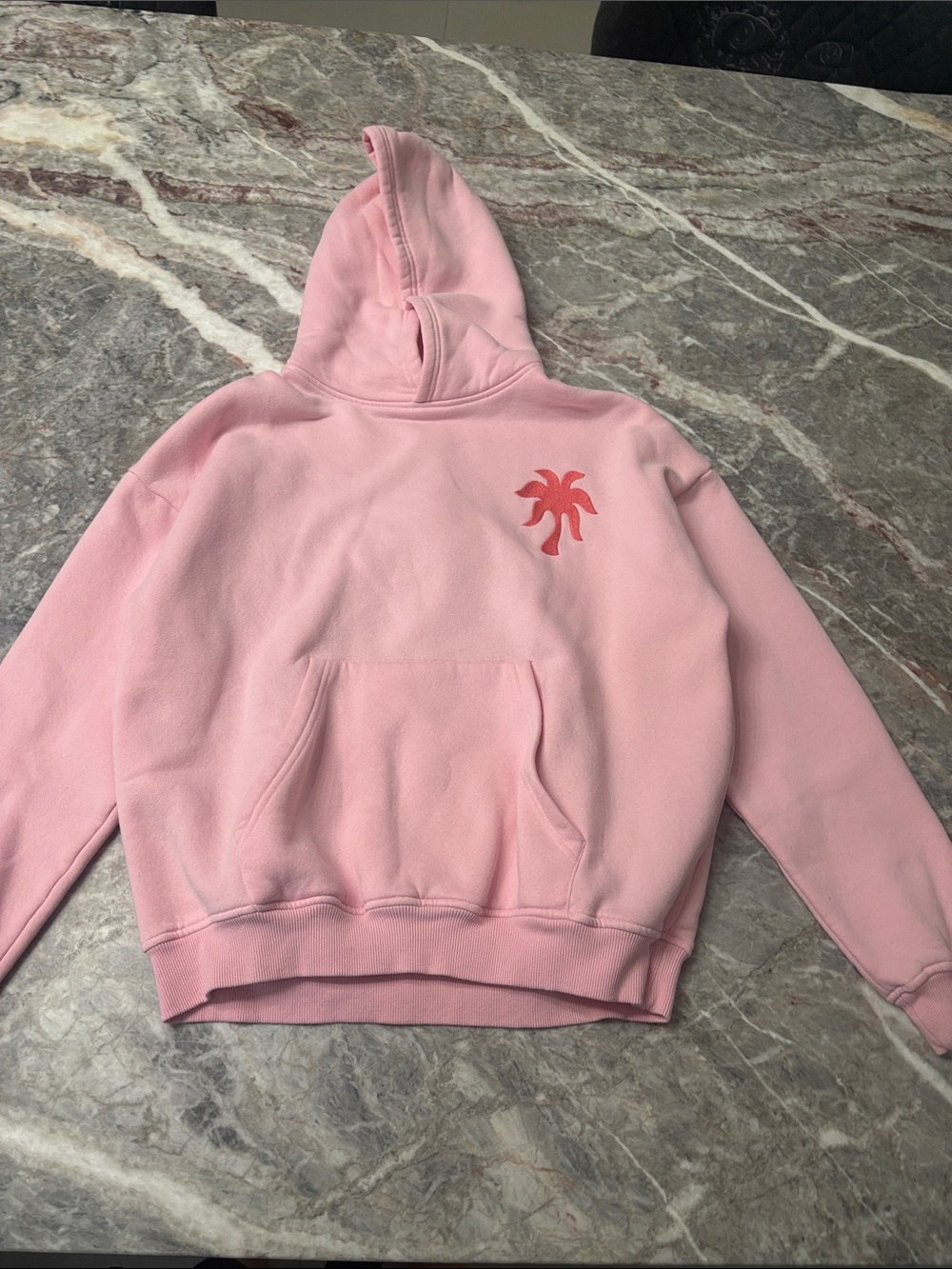 Relaxed Pink Hooded Sweatshirt with Coral Palm Motif
